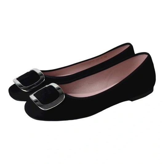 Black suede flats for teen and women by Pretty Ballerinas - black suede ballet flats with buckle - Spain crafted