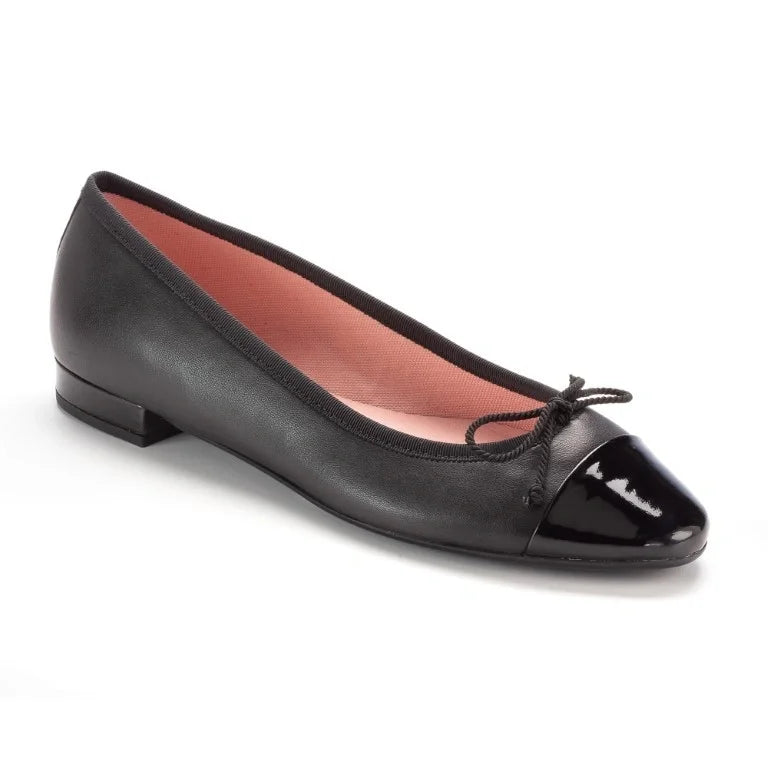 Black soft leather flats for teens and women by Pretty Ballerinas - London Kids ballet flat with small heel.