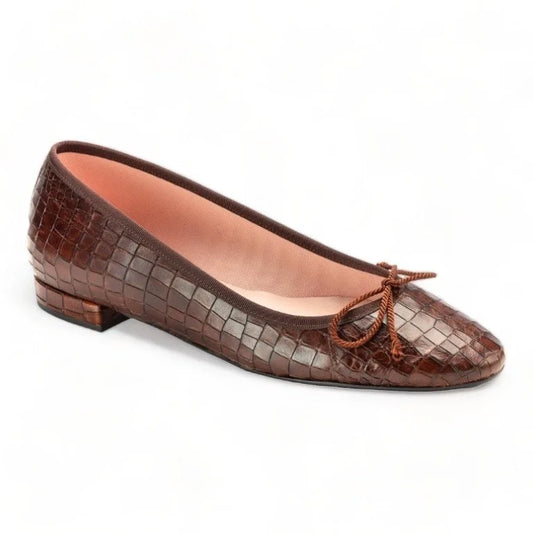 Brown Croc Leather Flats for Teen/Women by Pretty Ballerinas - London Kids - Teens Small Heel - Brown Croc Leather