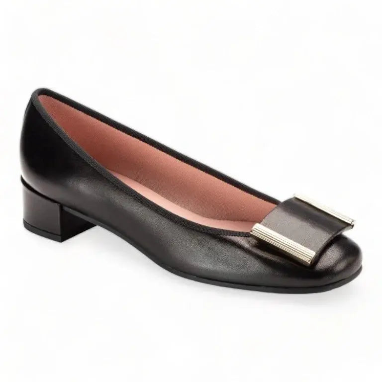 Black soft leather heel for teens and women by Pretty Ballerinas, ideal for dressy and casual occasions.