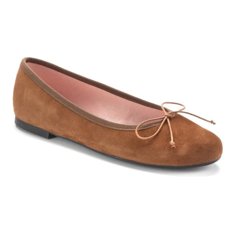 Rust suede flats for teen and women by Pretty Ballerinas, featuring a charming bow detail.