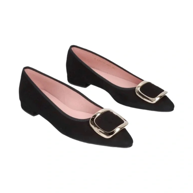 Black suede flats for teen women by Pretty Ballerinas, black color, suede material, elegant design, versatile flats