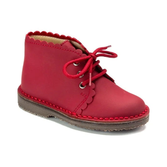 Red Sahara Leather Lace shoes for toddlers and girls by London Kids, vibrant red color, Sahara leather material.