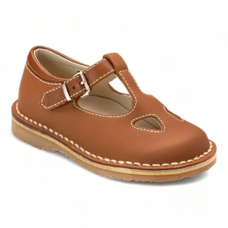 Tan Sahara Leather T-Strap Sandal Shoes for Toddler/Boy by London Kids - stylish and comfortable option for casual wear.