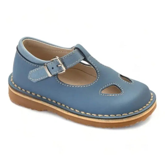 Blue Sahara Leather Strap for Toddler/Boy by London Kids - Boys T-Strap Sandal Shoe in Blue Sahara Leather