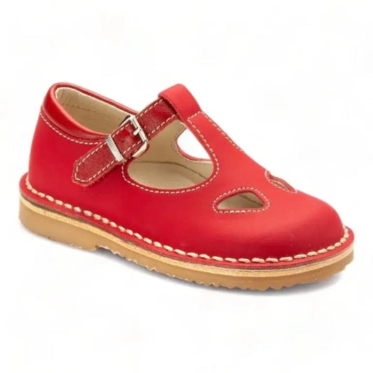 Red Sahara Leather T-Strap Sandal Shoes for toddlers and girls by London Kids, in vibrant red color.