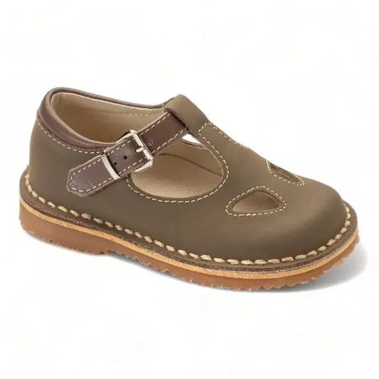 Taupe Sahara Leather T-Strap Sandals for toddlers and boys by London Kids, made from premium leather.