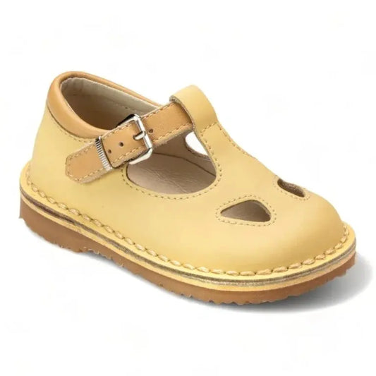 Yellow Sahara Leather Strap for Toddler/Boy by London Kids - Boys T-Strap Sandal Shoe in Yellow Sahara Leather