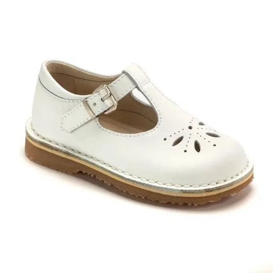 White Sahara Leather Strap for toddlers, boys, and girls by London Kids - trendy T-strap sandals crafted from premium Sahara leather.