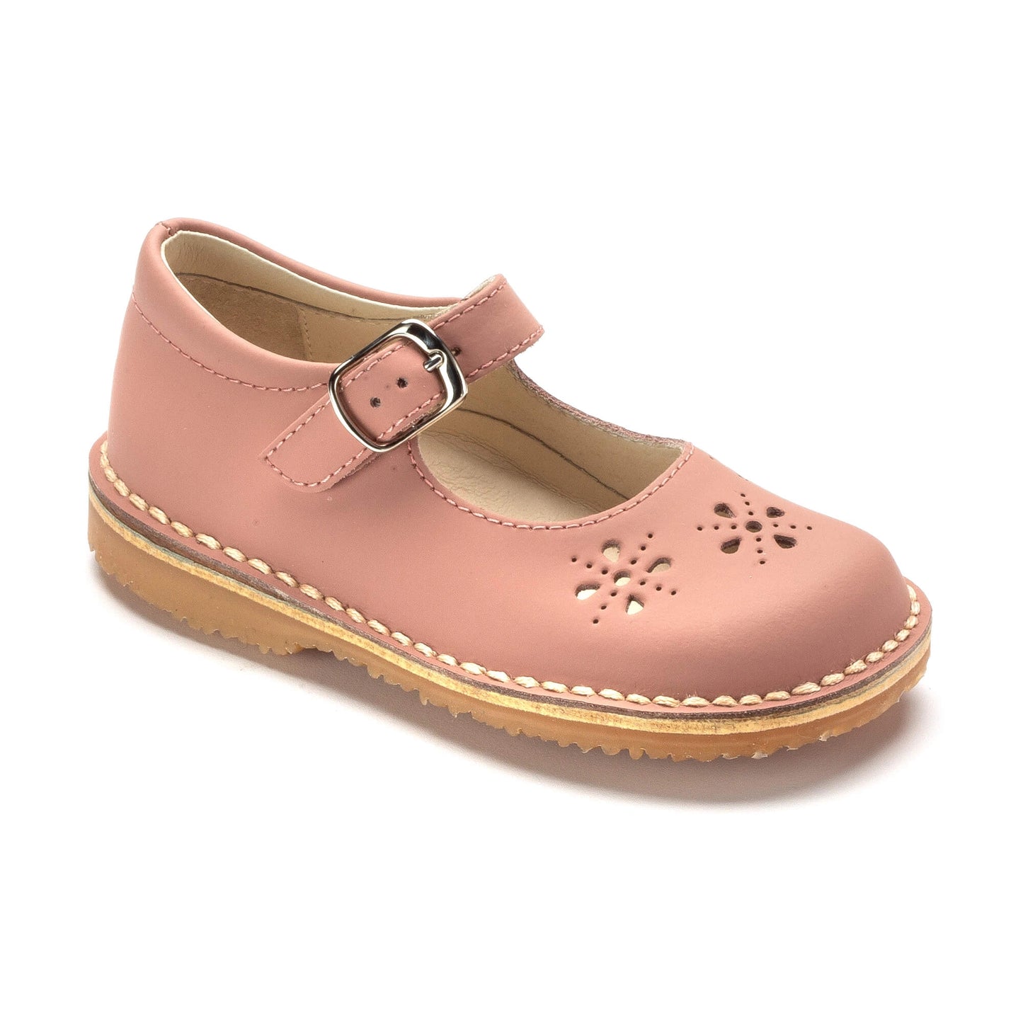 Toddler girl wearing Salmon Sahara strap shoes, made in Italy