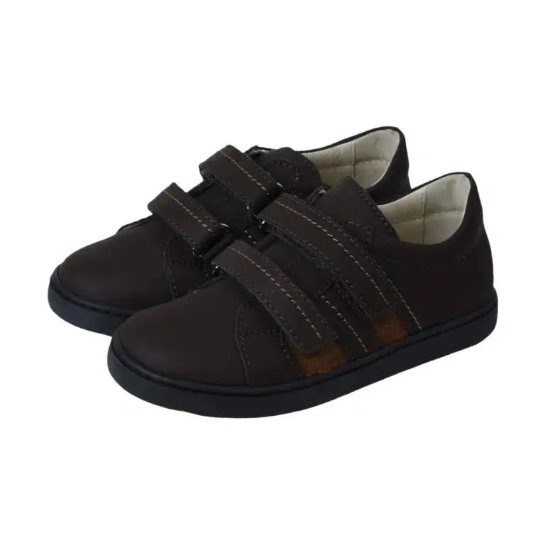 Brown Sahara Leather Velcro shoes for boys by London Kids - trendy and comfortable casual sneakers.