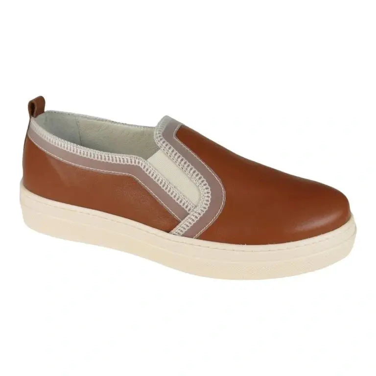 Trendy tan soft leather sneaker for girls by London Kids, ideal for casual wear.