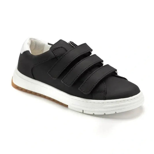 Black Sahara Leather Velcro sneakers for both girls and boys by London Kids, ideal for casual wear.