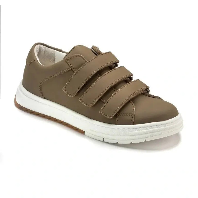 Stylish Taupe Sahara Leather Velcro sneakers for girls and boys by London Kids.