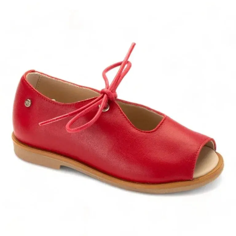 Red soft leather lace-up shoes for boys and girls by Manuela de Juan, made in Spain