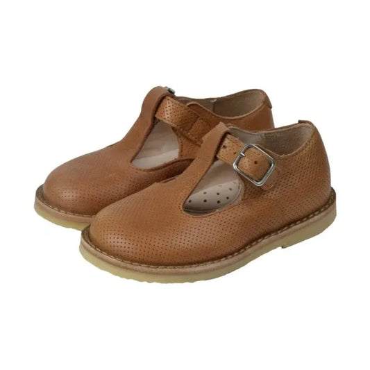 Tan soft leather strap shoes for boys and girls by Manuela de Juan