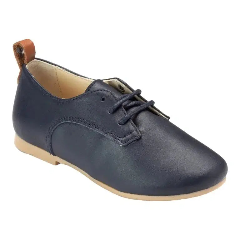 Image of navy soft leather lace shoes for boy or girl by Manuela de Juan, made from soft leather in Spain.