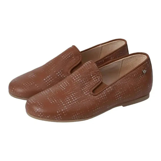 Tan soft leather slip on shoes for boy or girl by Manuela de Juan, made in Spain.