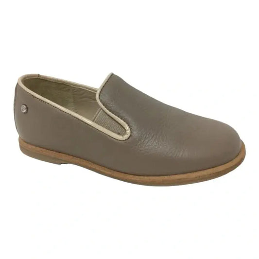 Stylish taupe soft leather slip-on shoes for boys and girls by Manuela de Juan