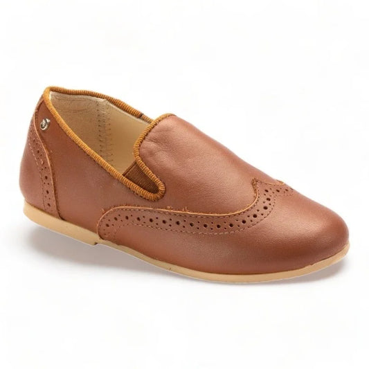 Tan soft leather slip-on shoes for boys by Manuela de Juan