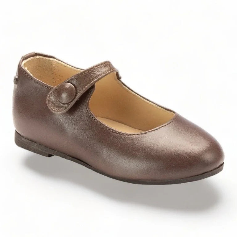 Taupe soft leather strap mary jane for girls by Manuela de Juan