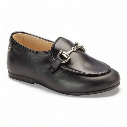 Black soft leather slip-on shoes for boy or girl by Manuela de Juan