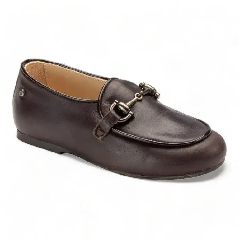 Brown soft leather slip on shoes for boy or girl by Manuela de Juan - stylish and comfortable option for dressy occasions.