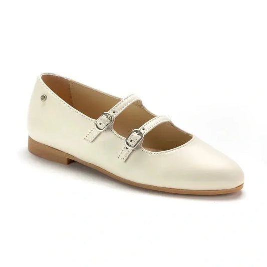 Beige soft leather strap for girl by Manuela de Juan - Jade, double Mary Jane strap crafted in Spain.