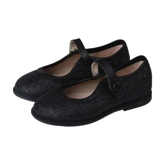 Black Glitter Strap Mary Janes for girls by Manuela de Juan - Button-Closure Mary Jane, Black Glitter, made in Spain.