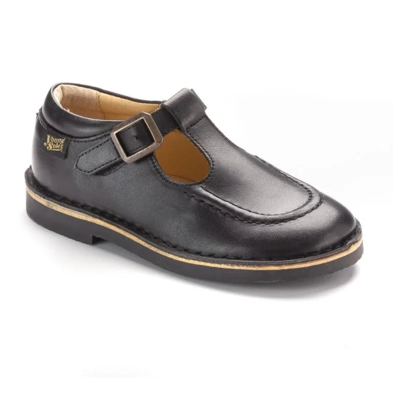 Black soft leather strap for boy and girl by Young Soles - Parker, Manuela de Juan strap shoe.