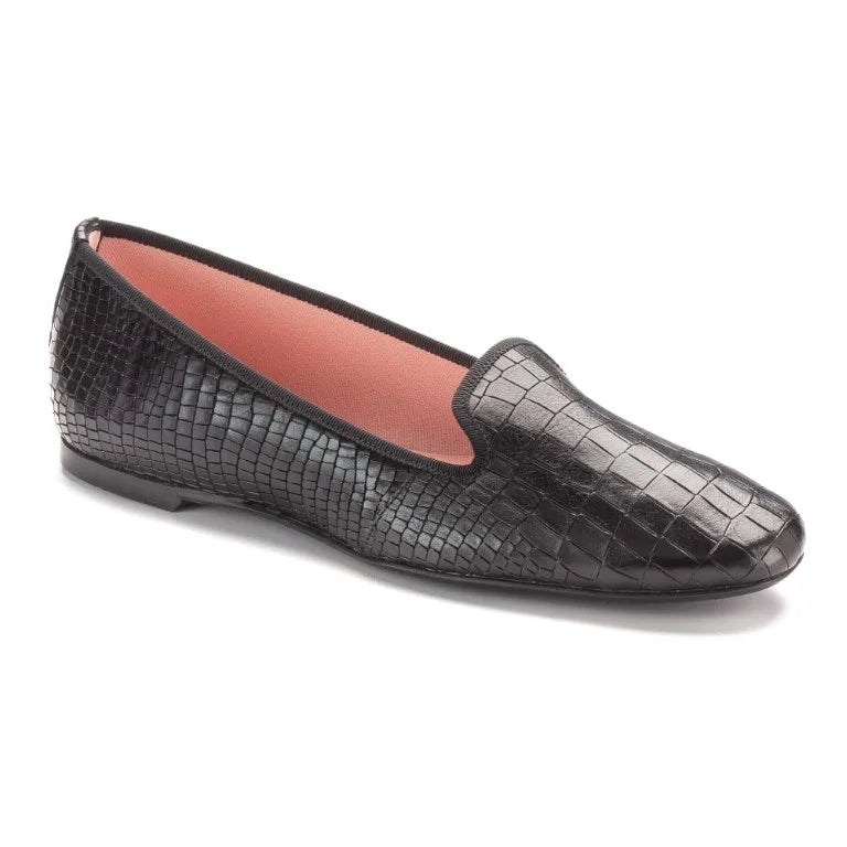 Black croc leather smoking loafer for teen and women by Pretty Ballerinas - black croc leather smoking loafer.