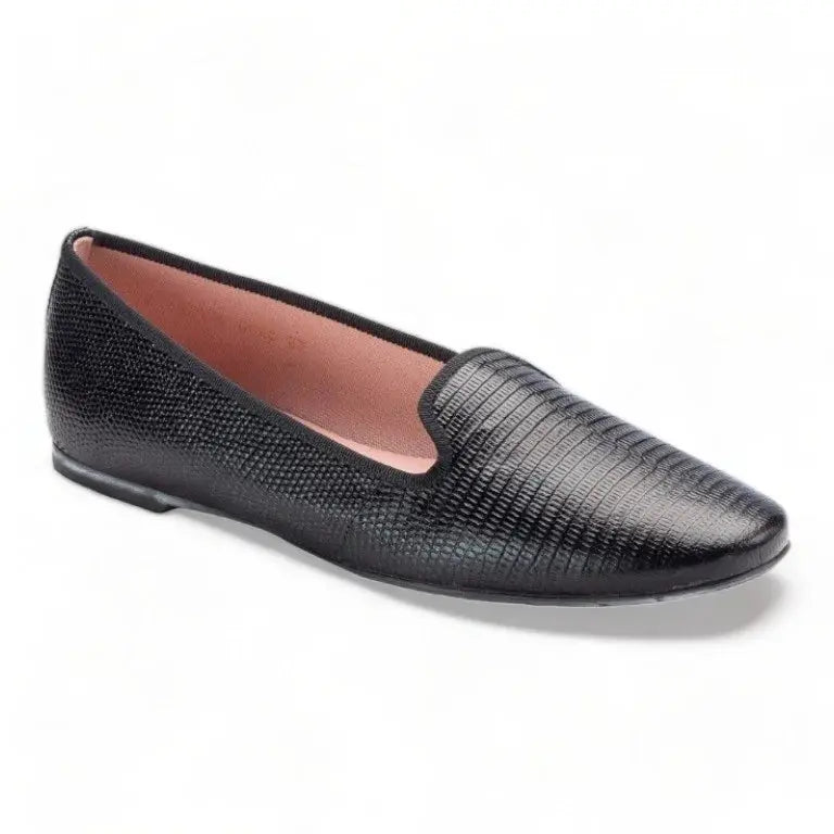 Stylish black croc leather smoking loafer for teens and women by Pretty Ballerinas.