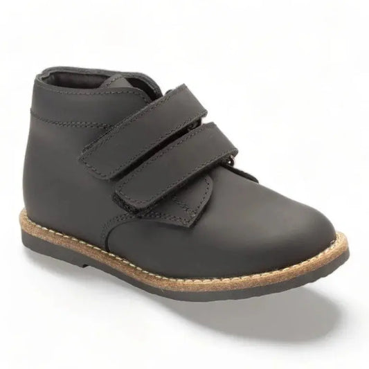 Black Sahara Leather Velcro high-top shoes for boys by Manuela de Juan, black color, double Velcro straps